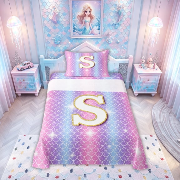 meiyoeat Mermaid Letter S Twin Sheets, Glitter Scale Print Bedding, Iridescent, Pink Reversible, 1 Flat Sheet, 1 Fitted Sheet and 1 Pillowcase