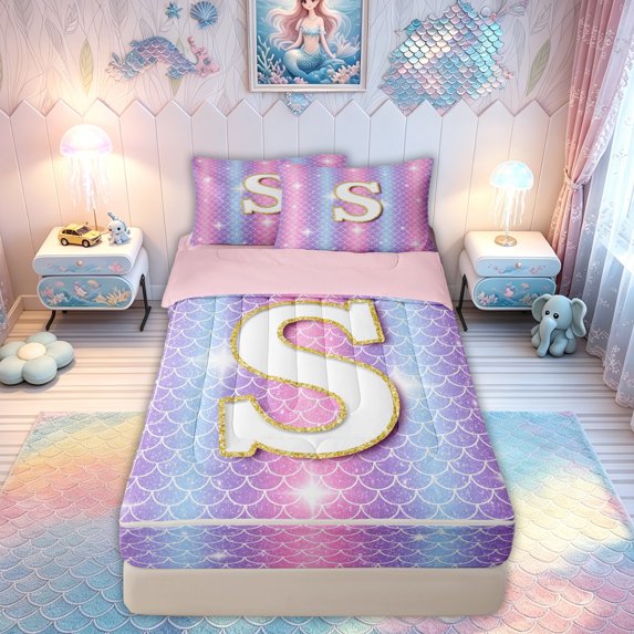 meiyoeat Mermaid Letter S Zipper Comforter Set with Fitted Sheet and 2 Pillowcases for Girls, Glitter Scale Print Zipper Bedding Set, Iridescent, Pink Reversible, 3-Piece