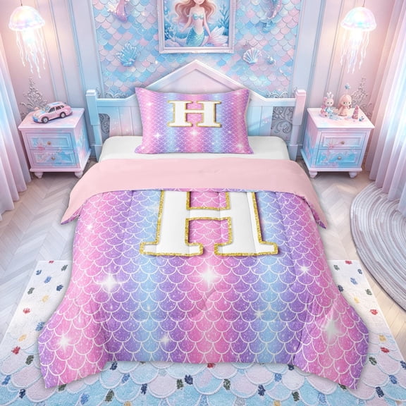 meiyoeat Mermaid Letter Twin Comforter Sets for Girls, Glitter Scale Print Bedding Set for Bedroom, Iridescent, Pink Reversible, 2 Pieces, 1 Comforter and 1 Pillowcase