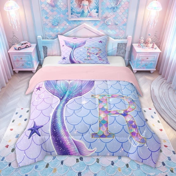 meiyoeat Mermaid Princess Scale Twin Comforter Sets for Girls, Sparkle Initial R Bedding Set for Kids, Purple Blue, Pink Reversible 2-Piece, 1 Comforter and 1 Pillowcase