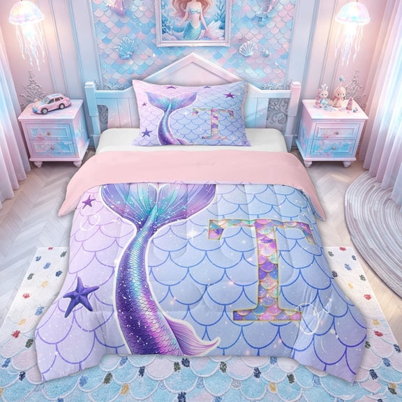 meiyoeat Mermaid Princess Scale Twin Comforter Sets for Girls, Sparkle Initial T Bedding Set for Kids, Purple Blue, Pink Reversible 2 Pieces, 1 Comforter and 1 Pillowcase