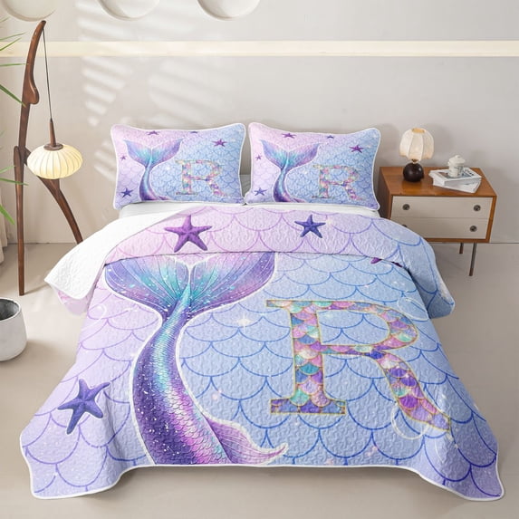 meiyoeat Mermaid Princess Scale Twin Quilt Set for Girls, Sparkle Initial R Twin Coverlet Set for Women, Purple Blue, 2-Piece