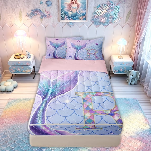 meiyoeat Mermaid Princess Scale Zipper Twin Comforter Sets with Fitted Sheet and 2 Pillowcases for Girls, Sparkle Initial R Zipper Bedding Set for Kids, Purple Blue, Pink Reversible, 4-Piece