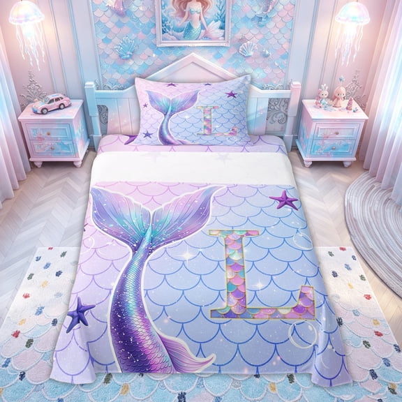 meiyoeat Mermaid Scale Letter L Twin Sheets for Kids Girls, Marine Starfish Bedding, Purple Blue, 3-Piece, 1 Flat Sheet, 1 Fitted Sheet and 1 Pillowcase