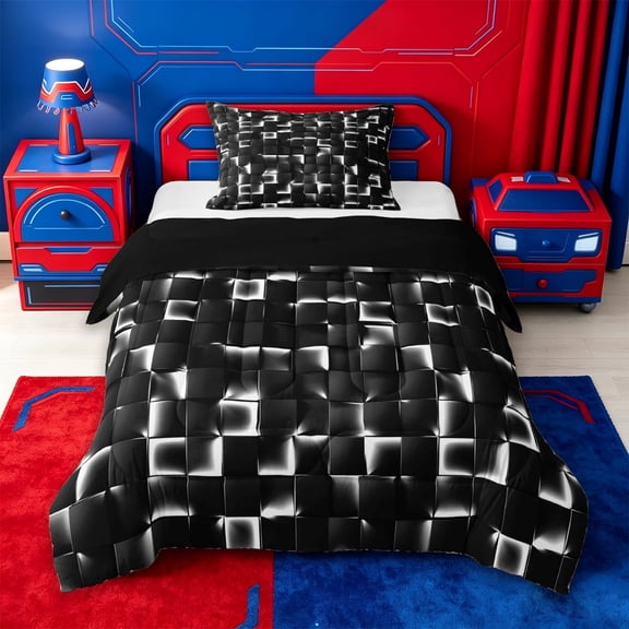 meiyoeat Minimalist Plaid Buffalo Twin Comforter Sets For Kids,3D Geometric Design Bedding Set For Boy,Black Reversible,2-Piece