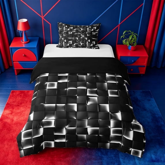 meiyoeat Minimalist Plaid Buffalo Twin Duvet Cover For Kids,3D Geometric Design Twin Bedding For Boy,Black Reversible,2-Piece(No Comforter)