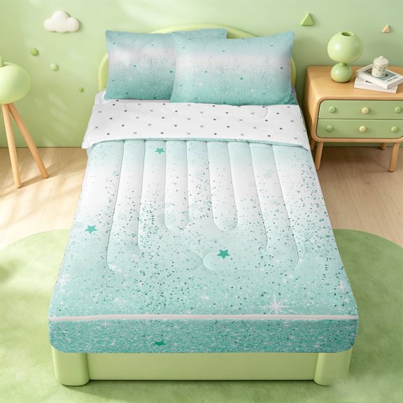 meiyoeat Minimalist Sequin Print Zipper Full Size Comforter Sets with Fitted Sheet and 2 Pillowcases,Cute Stars Pattern Zipper Bedding Set For Girls,Reversible,4pcs