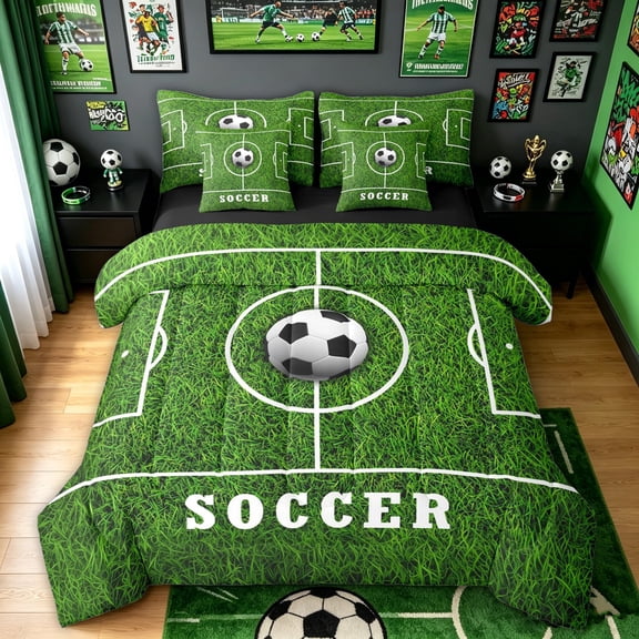 meiyoeat Minimalist Soccer Twin Bedding for Boys, Field Ball Sport Bedding Comforter Set, Green, Black Reversible, 7 Pieces