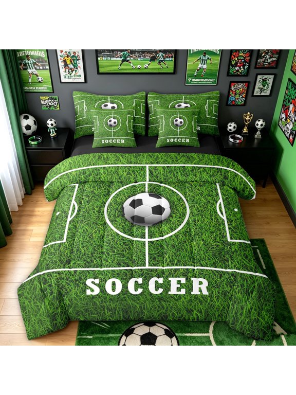 Minimalist Soccer Twin Bedding for Boys, Field Ball Sport Bedding Comforter Set, Green, Black Reversible, 7 Pieces