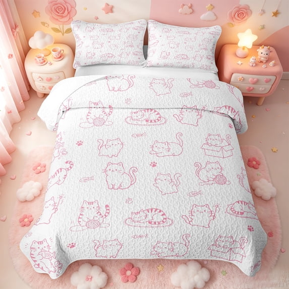 meiyoeat Mixed Pink Cat Cute Quilt King,Girly Kitten Pattern King Coverlet Set,3pcs,1 Bedspread and 2 Pillowcases