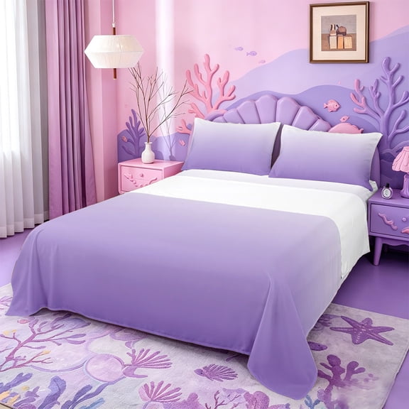 meiyoeat Modern Abstract Aesthetic Bed Sheets,Purple Ombre Print Full Size Sheets For Girl,4 Pieces,1 Flat Sheet,1 Fitted Sheet and 2 Pillowcases