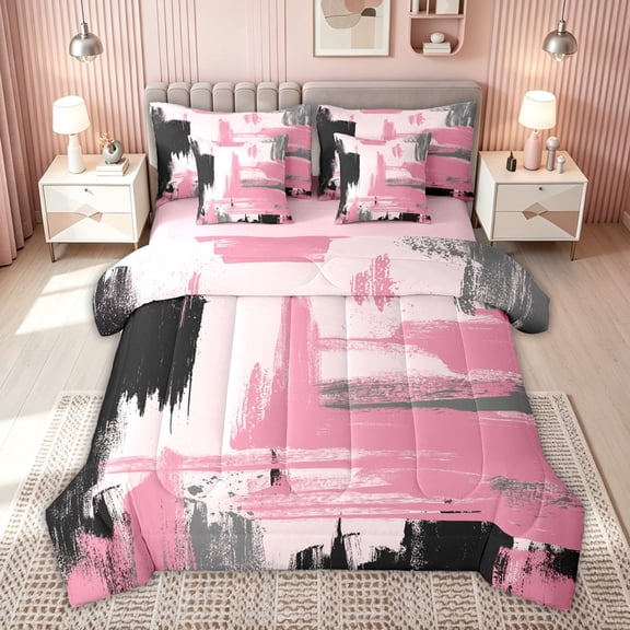 meiyoeat Modern Abstract Brushstroke Full Size Bedding Sets for Kids Girls, Pink Fashion Art Print Full Size Bed in a Bag, Pink Reversible, 7pcs