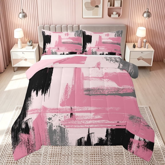 meiyoeat Modern Abstract Brushstroke Full Size Comforter Sets for Kids Girls, Pink Fashion Art Print Bedding Comforter Set, Pink Reversible, 3pcs