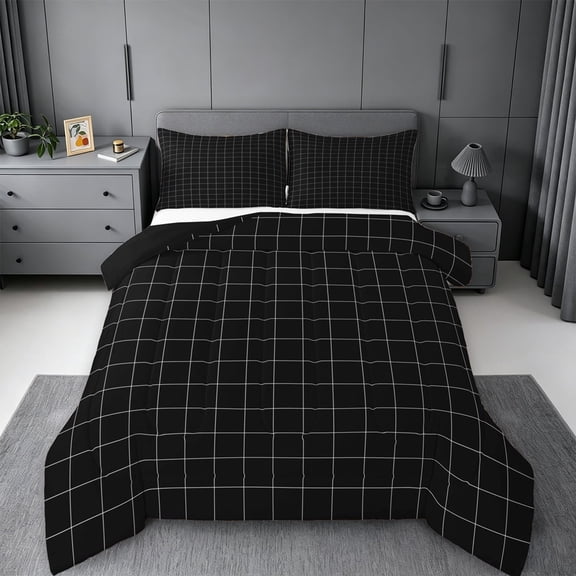 meiyoeat Modern Geometric Check Queen Comforter Set,Minimalist Plaid Buffalo Comforter Sets Queen For Kids Boys,Black Reversible,3pcs
