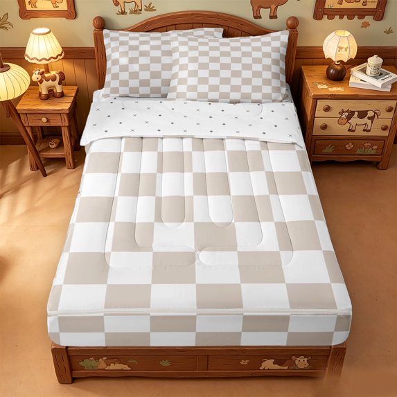 meiyoeat Modern Geometric Plaid Zipper Full Size Comforter Sets with Fitted Sheet and 2 Pillowcases,Abstract Piexal Pattern Zipper Bedding Set,Reversible,4 Pieces