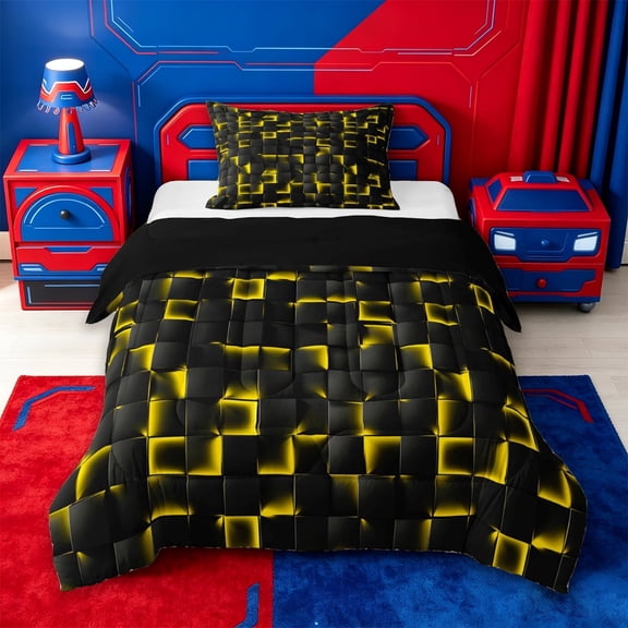 meiyoeat Modern Geometric Print Twin Comforter Sets For Boy,Minimalist Grid Pattern Bedding Set For Kids,Black Reversible,2 Pieces