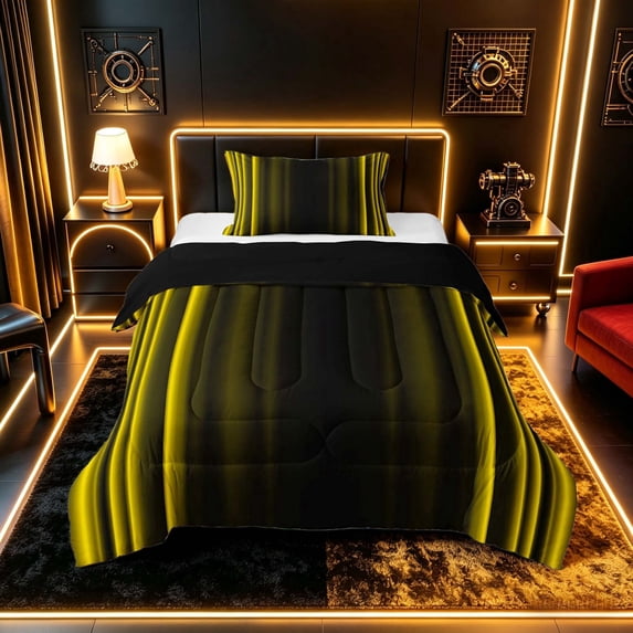 meiyoeat Modern Gold Striped Twin Comforter Sets, Luxury Dark Gradient Bedding Set for Boys, Gold, Black Reversible 2pcs, 1 Comforter and 1 Pillowcase