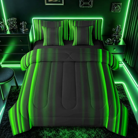 meiyoeat Modern Green Striped Queen Bedding Sets, Luxury Dark Gradient Bedding Comforter Set for Boys, Green, Black Reversible 7 Pieces