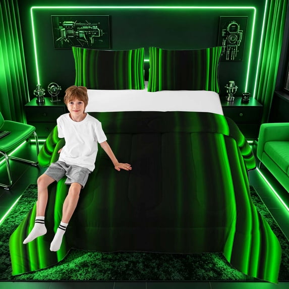 meiyoeat Modern Green Striped Queen Comforter Sets, Luxury Dark Gradient Bedding Set for Boys, Green, Black Reversible 3 Pieces, 1 Comforter and 2 Pillowcases