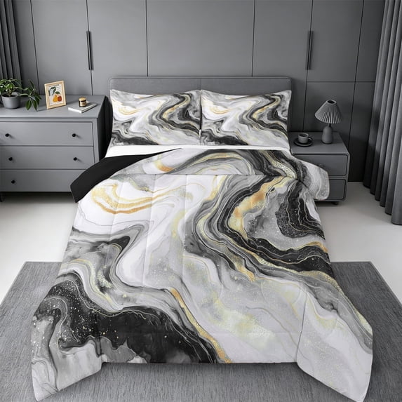 meiyoeat Modern Marble Art Queen Comforter Set For Women Men,Abstract Swirl Design Comforter Sets Queen For Adults,Black Reversible,3-Piece