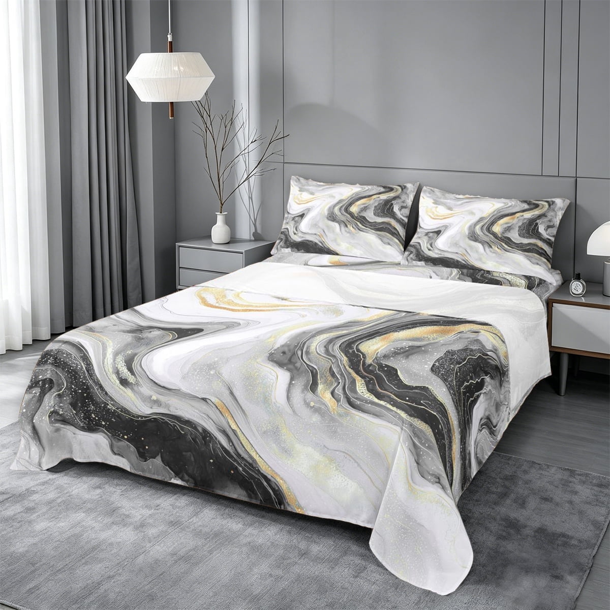 meiyoeat Modern Marble Art Queen Sheets For Women Men,Abstract Swirl Design Queen Sheet Sets For Adults,4-Piece