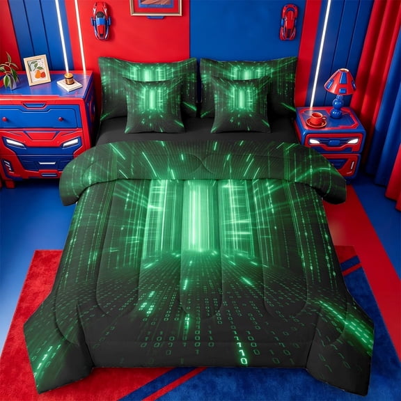 meiyoeat Modern Neon Geometric 7-Piece Twin Bedding For Kids,Green Plaid Buffalo Bedding Comforter Set For Boys,Black Reversible