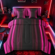 meiyoeat Modern Pink Striped Bedding Comforter Set, Luxury Dark Gradient Full Bedding Set for Boys, Pink, Black Reversible 7pcs