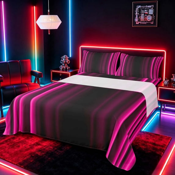 meiyoeat Modern Pink Striped Full Size Sheets, Luxury Dark Gradient Bed Sheets for Boys, Pink, 4pcs, 1 Flat Sheet, 1 Fitted Sheet and 2 Pillowcases