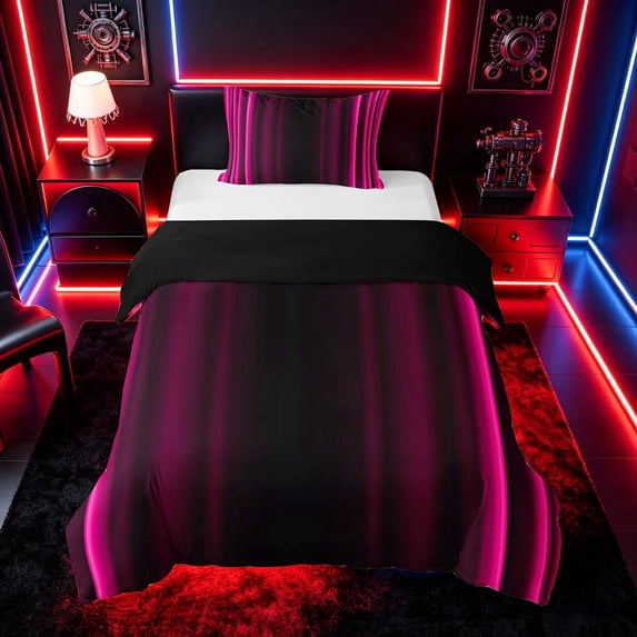meiyoeat Modern Pink Striped Twin Bedding, Luxury Dark Gradient Duvet Cover Set for Boys, Pink, Black Reversible2 Pieces, 1 Duvet Cover and 1 Pillowcase