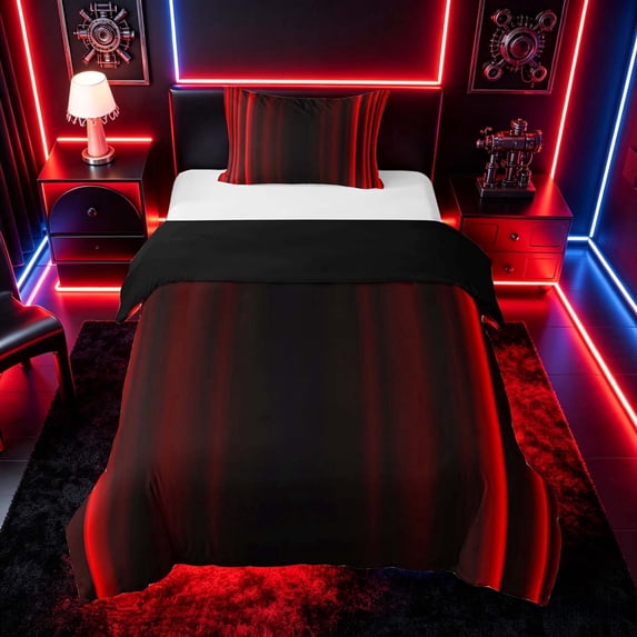 meiyoeat Modern Red Striped Twin Bedding, Luxury Dark Gradient Duvet Cover Set for Boys, Red, Black Reversible 2-Piece, 1 Duvet Cover and 1 Pillowcase