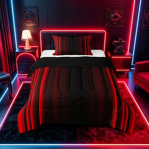 meiyoeat Modern Red Striped Twin Comforter Sets, Luxury Dark Gradient Bedding Set for Boys, Red, Black Reversible 2-Piece, 1 Comforter and 1 Pillowcase
