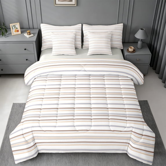 meiyoeat Modern Striped Art 7 Pieces Full Size Bedding Sets For Kids,Minimalist Geometric Line Full Size Bed In A Bag,Light Gray Reversible