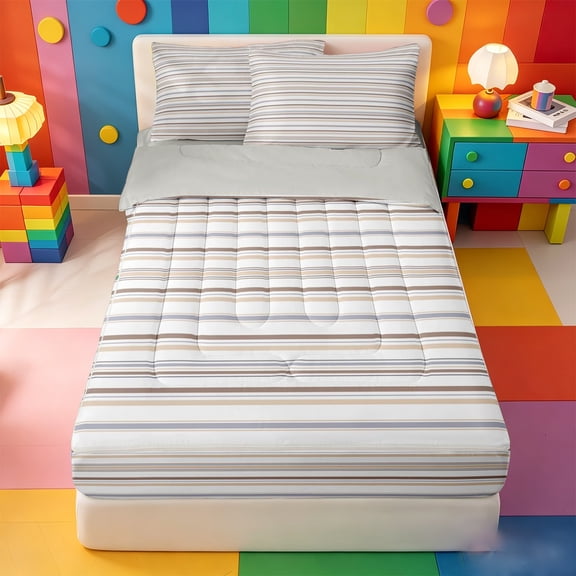 meiyoeat Modern Striped Art Zipper Full Size Comforter Sets with Fitted Sheet and 2 Pillowcases For Kids,Minimalist Geometric Line Zipper Bedding Set,Light Gray Reversible,4 Pieces