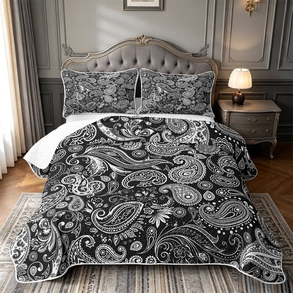 meiyoeat Monochrome Paisley Bed Spread Queen,Bold Pattern Queen Coverlet Set For Adults,Black White,3-Piece,1 Quilt and 2 Pillowcases