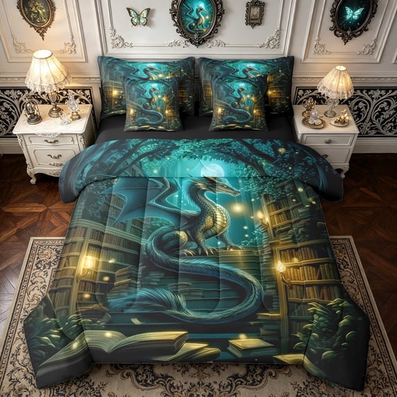 meiyoeat Moon Library Dragon Full Size Bedding Sets for Men Boys, Mystic Woodland Animal Full Size Bed in a Bag, Green, Black Reversible, 7pcs