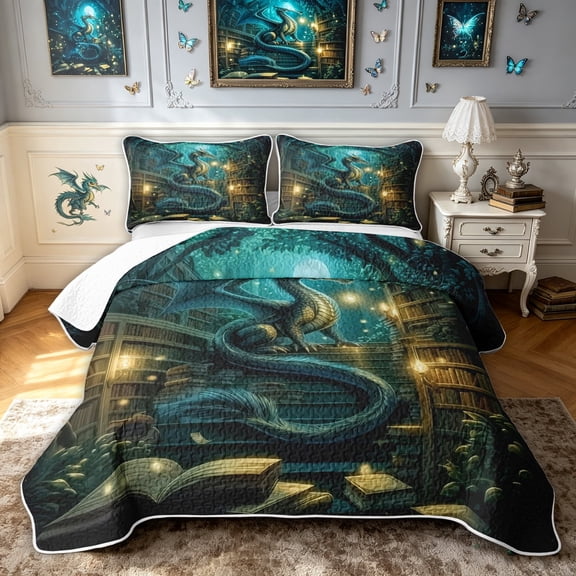 meiyoeat Moon Library Dragon Quilt Full for Men Boys, Mystic Woodland Animal Full Bedspread Sets, Green, 3pcs, 1 Comforter and 2 Pillowcases
