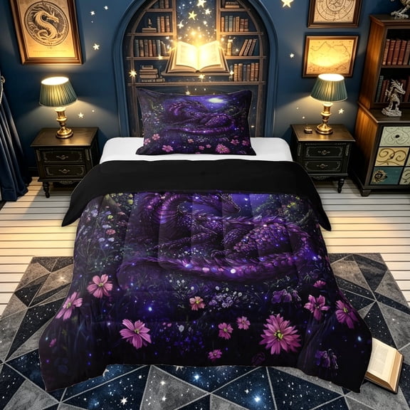 meiyoeat Moon Purple Forest Dragon Twin Comforter Sets for Boys Girls Kids, Wildflower Night Sky Bedding Set, Purple Black, Black Reversible, 2-Piece, 1 Comforter and 1 Pillowcase