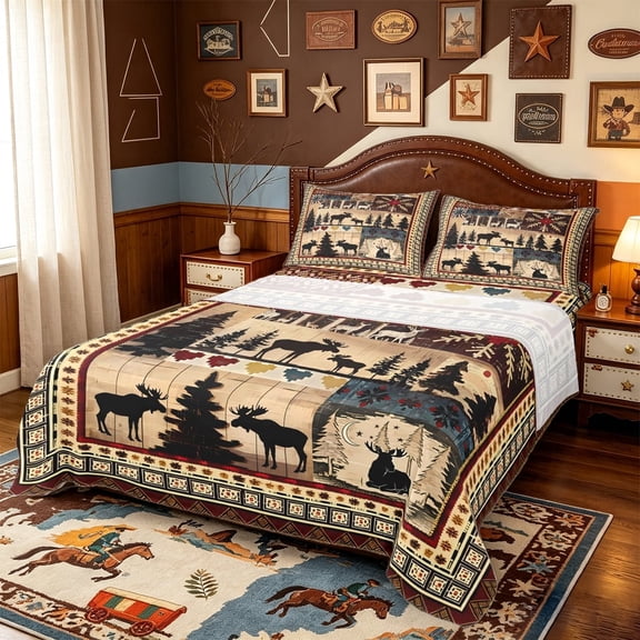 meiyoeat Moose Cabin Bed Sheets,Jungle Animal Deer Full Size Sheets For Boys,Red Black,4-Piece1 Flat Sheet, 1 Fitted Sheet and 2 Pillowcases