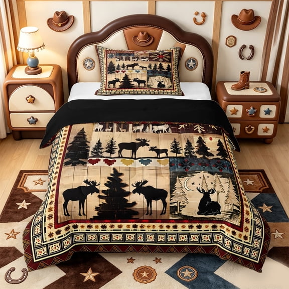 meiyoeat Moose Cabin Twin Comforter Sets,Jungle Animal Deer Bedding Set For Boys,Red Black,Black Reversible,2pcs,1 Comforter and 1 Pillowcase