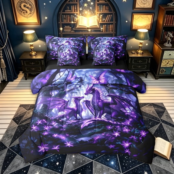 meiyoeat Mystic Fairy Dragon Twin Bedding for Kids, Dreamy Forest Butterfly Animal Bedding Comforter Set, Purple, Black Reversible, 7-Piece