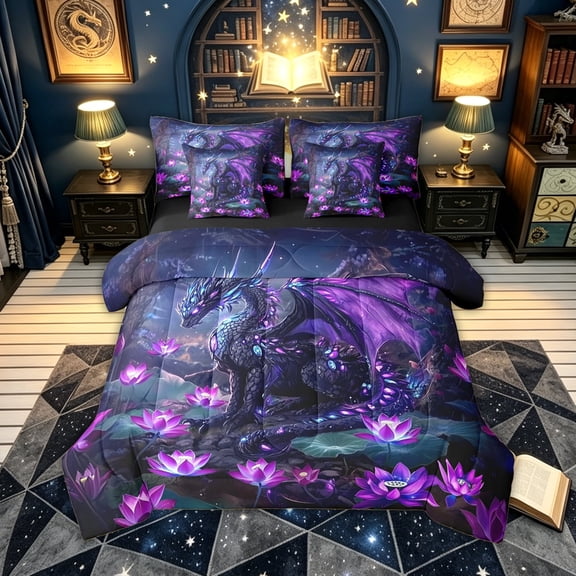 meiyoeat Mystic Purple Forest Dragon Twin Bedding for Men Women Kids, Glitter Print Lotus Bedding Comforter Set, Purple, Black Reversible, 7pcs