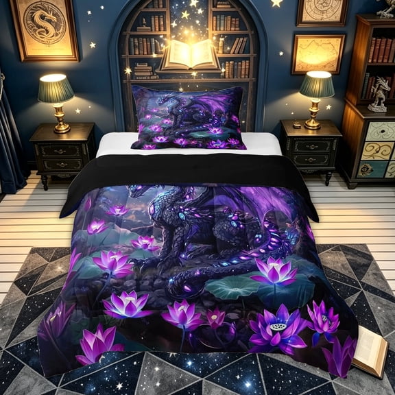 meiyoeat Mystic Purple Forest Dragon Twin Comforter Sets for Men Women Kids, Glitter Print Lotus Bedding Set, Purple, Black Reversible, 2pcs, 1 Comforter and 1 Pillowcase