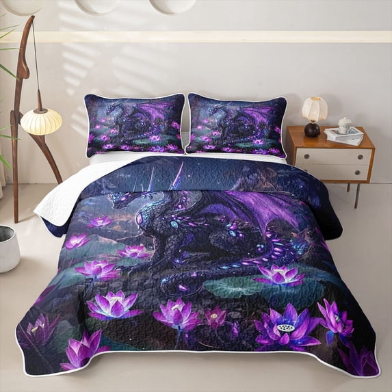 meiyoeat Mystic Purple Forest Dragon Twin Quilt Set for Men Women, Glitter Print Lotus Twin Coverlet Set, Purple, 2pcs