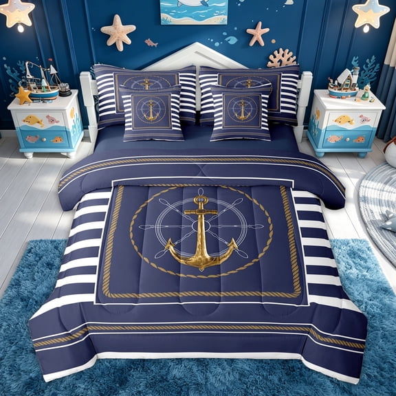 meiyoeat Nautical Anchor Print Twin Bedding for Kids Boys, Navy Maritime Wheel Stripe Bedding Comforter Set, Blue Reversible, 7pcs