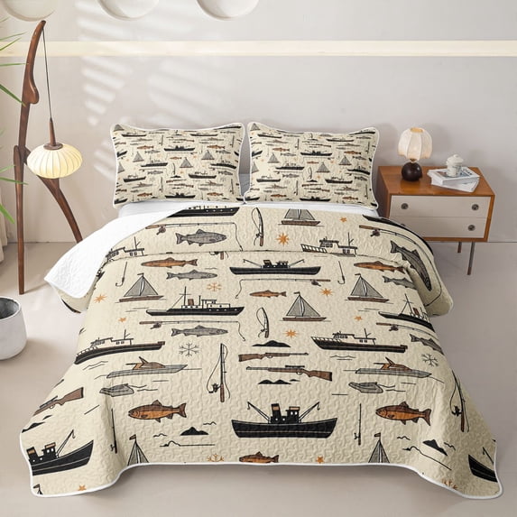 meiyoeat Nautical Farmhouse Fishing Quilt King for Men Boys, Vintage Lake Boat King Coverlet Set, Cream, 3-Piece
