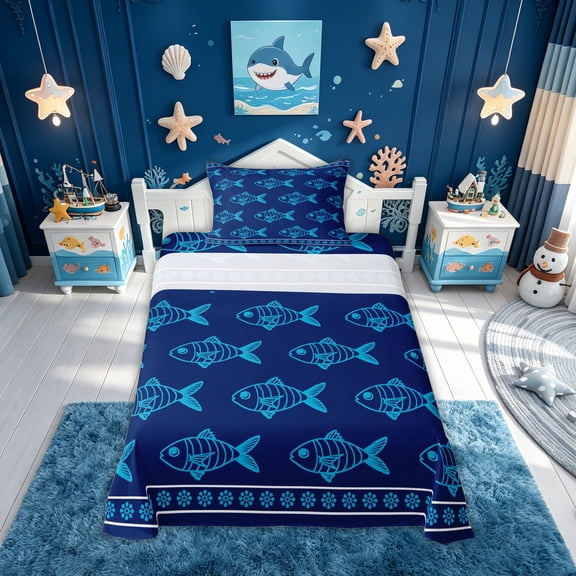 meiyoeat Navy Blue Line Fish Stripe Twin Sheets for Boys Girls, Coastal Nautical Marine Wildlife Bedding, Navy, Blue Reversible, 1 Flat Sheet, 1 Fitted Sheet and 1 Pillowcase