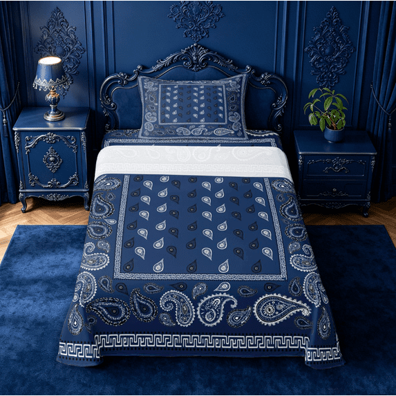 meiyoeat Navy Blue Paisley Twin Sheets For Kids,Bohemian Exotic Style Bedding For Adult,3-Piece
