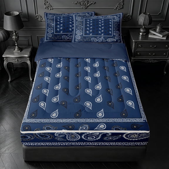 meiyoeat Navy Blue Paisley Zipper Twin Comforter Sets with Fitted Sheet and 2 Pillowcases For Kids,Bohemian Exotic Style Zipper Bedding Set For Adult,Navy Blue Reversible,4-Piece