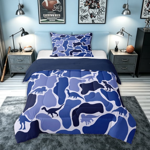 meiyoeat Navy Camouflage Dinosaur Twin Comforter Sets for Boys Girls Kids, Rustic Camouflage Animal Bedding Set, Blue, Blue Reversible, 2pcs, 1 Comforter and 1 Pillowcase