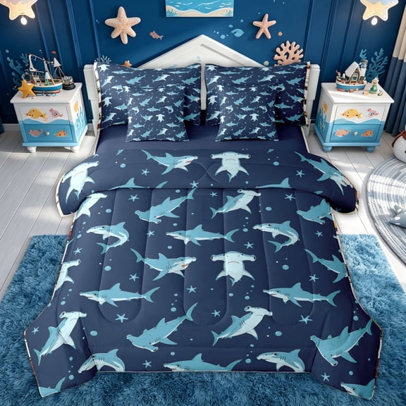 meiyoeat Navy Hammerhead Shark Full Size Bedding Sets for Kids Boys, Bubbles Starfish Stars Full Size Bed in a Bag for Bedroom, Blue Reversible, 7pcs